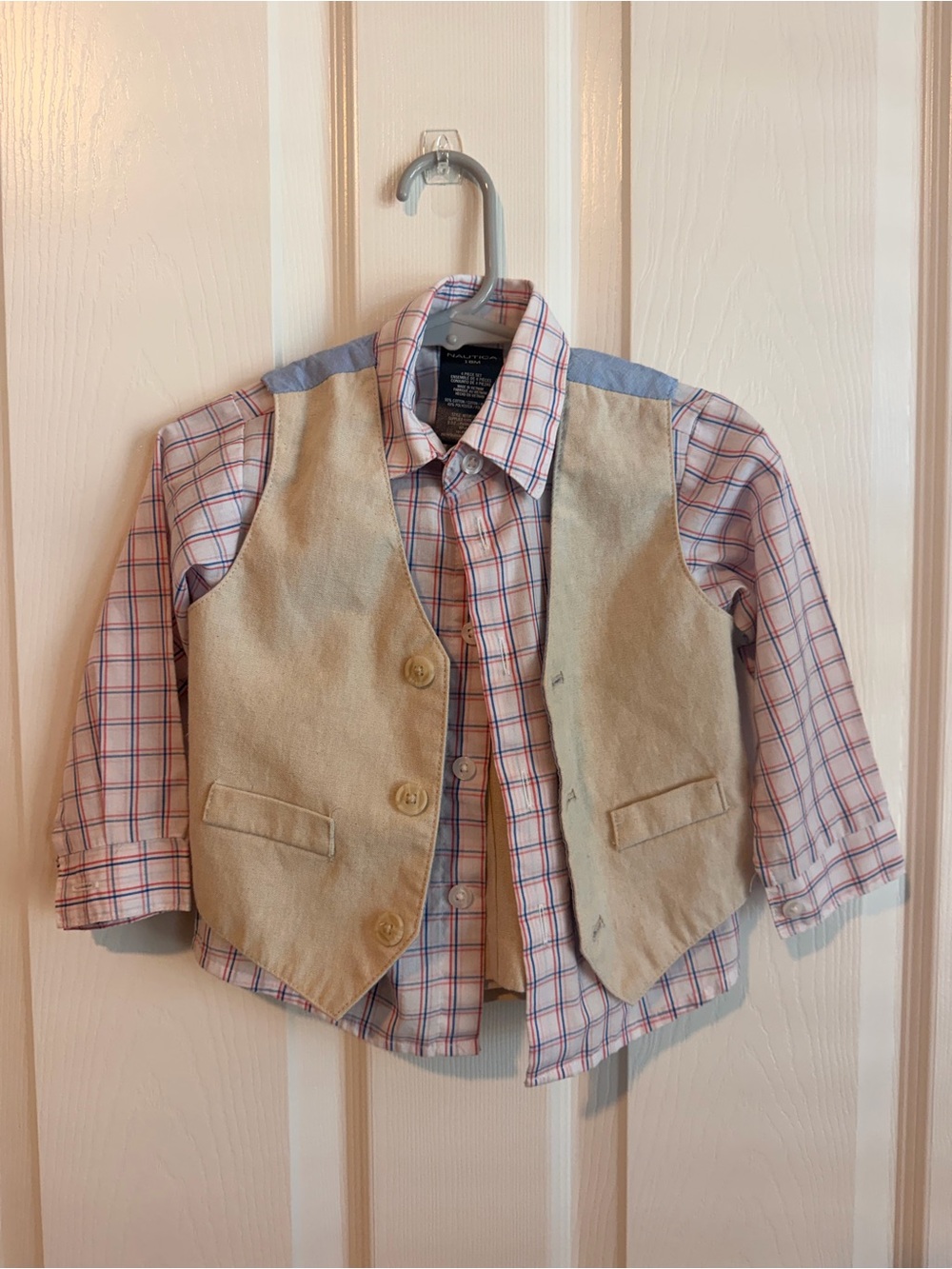 Boys Beige Vest with Pink & Blue Plaid Button-Up Shirt